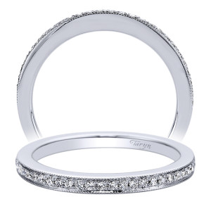 Taryn TW9510W44JJ 14 karat white gold wedding band, front view of rounds set along a raised milgrain rail standing proud of the polished sides