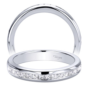 Taryn TW9543W44JJ 14 karat white gold wedding band, two views of square stones channel set halfway around a smooth rounded polished shank