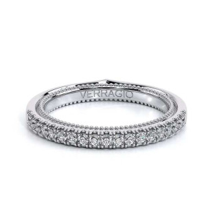 Verragio Couture-0457W 14 Karat wedding band, top view showing prong set round diamonds and beaded milgrain edges