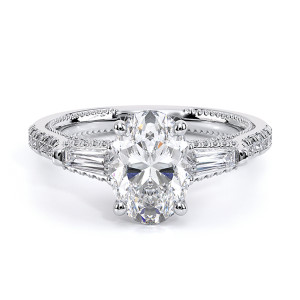 Verragio Couture-0486OV 14 Karat engagement ring, oval three stone engagement ring in white metal, top view with tapered baguette side stones