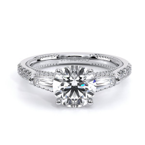 Verragio Couture-0486R 14 Karat engagement ring, round three stone engagement ring in white metal, top view with tapered baguette side stones