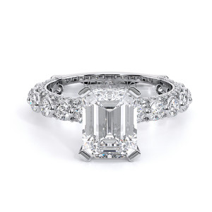 Verragio Couture-0488EM25 14 Karat engagement ring, emerald cut engagement ring in white metal, top view with a wide shared prong diamond band