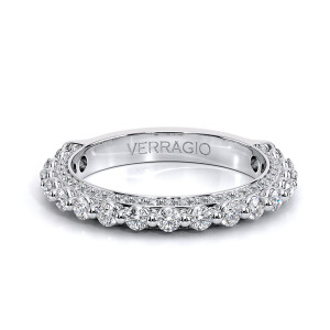 Verragio Couture-0488W20 14 Karat wedding band, top view lying flat with the engraved inner band visible