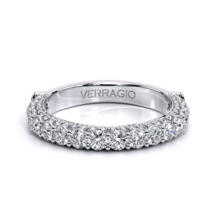 Verragio Couture-0489W25 14 Karat wedding band, angled view showing shared prong rounds and pave shoulders in white metal