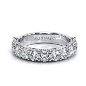 Verragio Couture-0489W34 14 Karat wedding band, top view of prong set rounds and pave edges in white metal