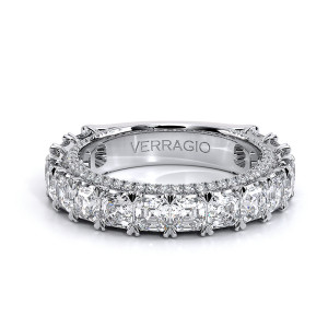 Verragio Eterna-2021ASCH-3-3Q 14 Karat eternity band, angled top view with asscher cut diamonds and pave set edges