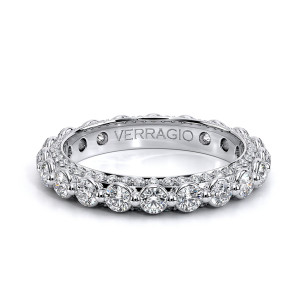 Verragio Eterna-2023R-25 14 Karat eternity band, top view of the round diamond row with pave shoulders