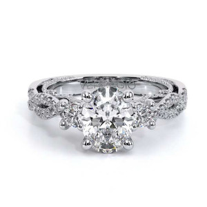 Verragio Insignia-7074OV 14 Karat engagement ring, white gold three-stone engagement ring, top front view, oval centre with twisted pave band