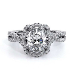 Verragio Insignia-7087OV 14 Karat engagement ring, white gold engagement ring, top front view, oval centre in petal-style double halo