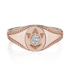 Verragio J-0177740-RR 18 Karat Rose Gold Petite Beaded Crest Signet Ring, front view of the crest face with a bezel set diamond and beaded borders