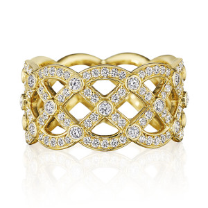 Verragio J-0240220-YR 18 Karat Yellow Gold Belle Ring with Bezel Diamonds, front view of the wide open lattice band with pave diamonds and bezel set diamond stations