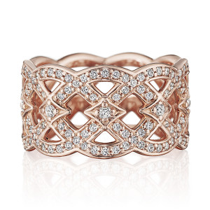 Verragio J-0240221-RR 18 Karat Rose Gold Belle Ring with Diamonds, front view of the wide open lattice band set with pave diamonds