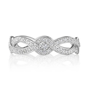 Verragio J-0240222-WR 18 Karat White Gold Muse Double Diamond Ring, front view of the woven double strand band set with pave diamonds