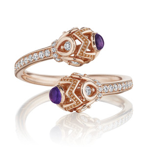 Verragio J-0312101-RR 18 Karat Rose Gold Diamond & Amethyst Toi et Moi Ring, front view of the bypass band with two openwork beaded caps tipped in amethyst cabochons