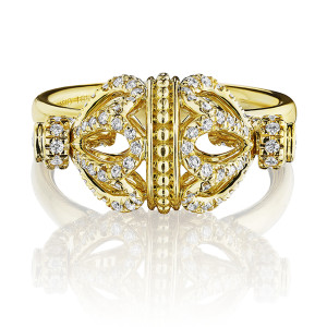 Verragio J-0312810-YR 18 Karat Yellow Gold Diamond Rose Bead Ring, front view of the openwork rose bead center set with diamonds and beaded detail
