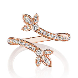 Verragio J-0461701-RR 18 Karat Rose Gold Athena Diamond Toi et Moi Ring, front view of the bypass band ending in two diamond flowers