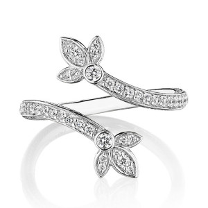 Verragio J-0461701-WR 18 Karat White Gold Athena Diamond Toi et Moi Ring, front view of the bypass band ending in two diamond flowers