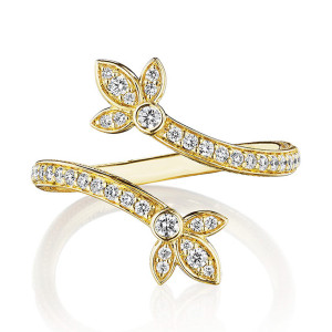Verragio J-0461701-YR 18 Karat Yellow Gold Athena Diamond Toi et Moi Ring, front view of the bypass band ending in two diamond flowers