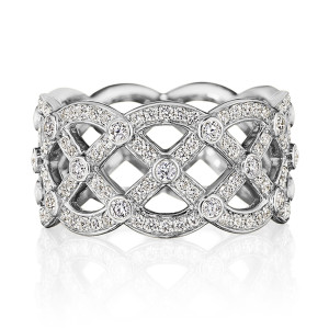 Verragio K-0240220-WR 14 Karat White Gold Belle Ring with Bezel Diamonds, front view of the wide open lattice band with pave diamonds and bezel set diamond stations