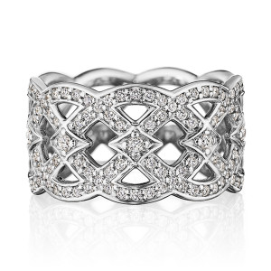 Verragio K-0240221-WR 14 Karat White Gold Belle Ring with Diamonds, front view of the wide open lattice band set with pave diamonds