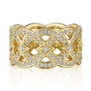 Verragio K-0240221-YR 14 Karat Yellow Gold Belle Ring with Diamonds, front view of the wide open lattice band set with pave diamonds