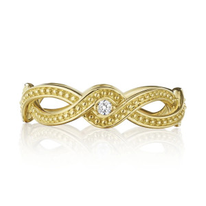 Verragio K-0240224-YR 14 Karat Yellow Gold Muse Beaded Diamond Ring, front view of the woven beaded strands with a bezel set diamond station