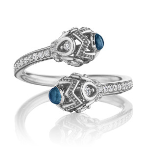 Verragio K-0312101-WR 14 Karat White Gold Diamond & Blue Topaz Toi et Moi Ring, front view of the bypass band with two openwork beaded caps tipped in blue topaz cabochons