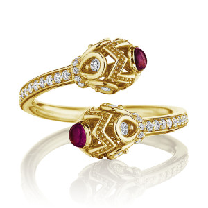 Verragio K-0312101-YR 14 Karat Yellow Gold Diamond & Rhodolite Toi et Moi Ring, front view of the bypass band with two openwork beaded caps tipped in rhodolite cabochons