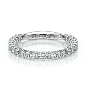Verragio Lumino-801W-20 14 Karat wedding band, flat angled view with a row of shared prong rounds