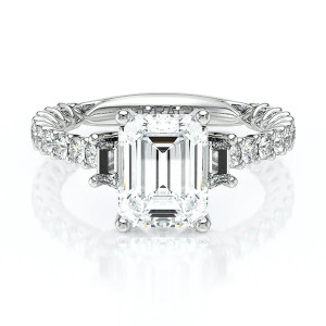 Verragio Lumino-811EM-TRP-20 14 Karat engagement ring, white gold three stone engagement ring, top view of emerald cut centre with trapezoid sides