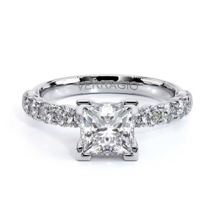 Verragio Renaissance-950P27 14 Karat engagement ring, top view, princess centre in V corner prongs above a shared prong diamond band