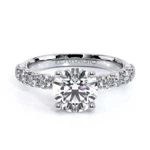 Verragio Renaissance-950R27 18 Karat engagement ring, top view, round brilliant centre in four prongs above a shared prong diamond band