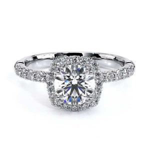 Verragio Renaissance-954CU18 18 Karat engagement ring, top view, round centre in a cushion shaped diamond halo with diamond shoulders