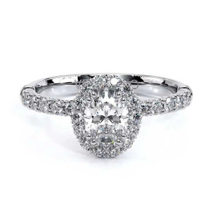 Verragio Renaissance-954OV18 18 Karat engagement ring, top view, oval centre in a scalloped diamond halo with diamond shoulders