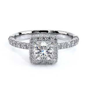 Verragio Renaissance-954P18 14 Karat engagement ring, top view, princess centre in a square diamond halo with diamond shoulders
