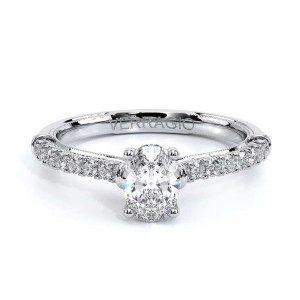 Verragio Renaissance-955OV17 14 Karat engagement ring, top view, oval centre in four prongs above a milgrain edged diamond band