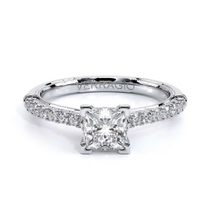 Verragio Renaissance-955P17 14 Karat engagement ring, top view, princess centre in V corner prongs above a milgrain edged diamond band
