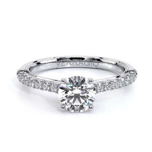 Verragio Renaissance-955R17 18 Karat engagement ring, top view, round centre in four prongs above a milgrain edged diamond band