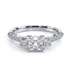 Verragio Renaissance-956P15 14 Karat engagement ring, top view, three stone design with princess centre and princess side stones