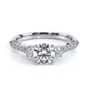 Verragio Renaissance-956R15 18 Karat engagement ring, top view, three stone design with round centre and round side stones