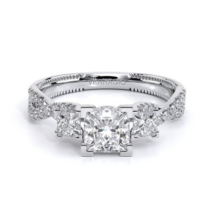 Verragio Renaissance-962-3P1.2 14 Karat engagement ring, top view, princess centre with princess side stones on a twisted diamond band