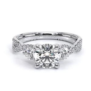Verragio Renaissance-962-3R1.2 14 Karat engagement ring, white gold three stone engagement ring, top view of round centre and twisted pave band