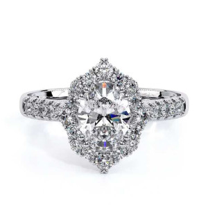 Verragio Renaissance-982HOV 14 Karat engagement ring, top view of oval centre in a starburst halo of alternating round diamonds