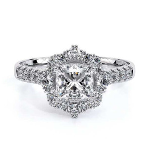 Verragio Renaissance-982HP 14 Karat engagement ring, top view of princess centre in a starburst halo of alternating round diamonds