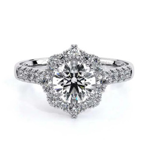 Verragio Renaissance-982HR 14 Karat engagement ring, top view of round brilliant centre in a starburst halo of alternating round diamonds