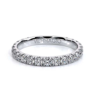 Verragio Renaissance-985W15 14 Karat wedding band, top view with a fishtail set row of round diamonds in white metal