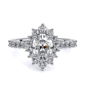 Verragio Renaissance-986OV 14 Karat engagement ring, top view of oval centre in a graduated crown halo