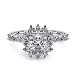 Verragio Renaissance-986P 14 Karat engagement ring, top view of princess centre in a graduated crown halo