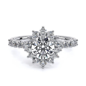 Verragio Renaissance-986R 14 Karat engagement ring, top view of round brilliant centre in a graduated crown halo