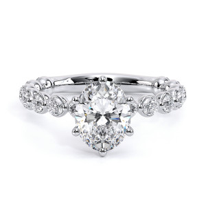 Verragio Renaissance-989OV25 14 Karat engagement ring, oval centre engagement ring in white metal, top view of shared-prong diamond and bead band